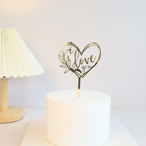 Topper mica Love tim  viền lá vàng