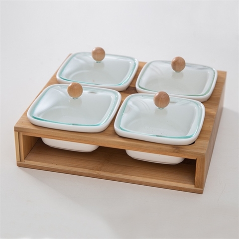 Khay mứt gỗ sứ TRẮNG nắp Thủy tinh