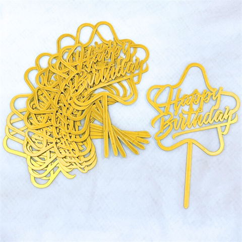 Topper mica Set 10 que HPBD viền sao 5 cánh to vàng