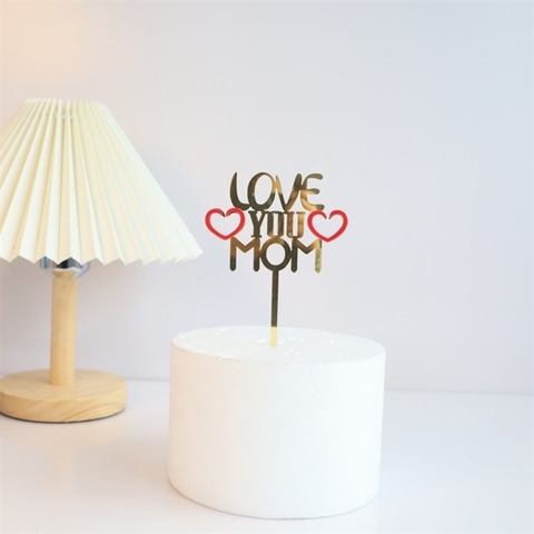 Que cắm mica Love you mom vàng 2 tim đỏ