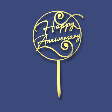 Topper mica Happy anniversay 1 vòng tròn xoắn móc VÀNG