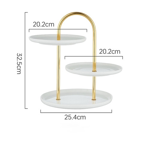 Kệ 3 tầng khay sứ trắng khung mạ vàng (20+20+25cm cao 32cm)