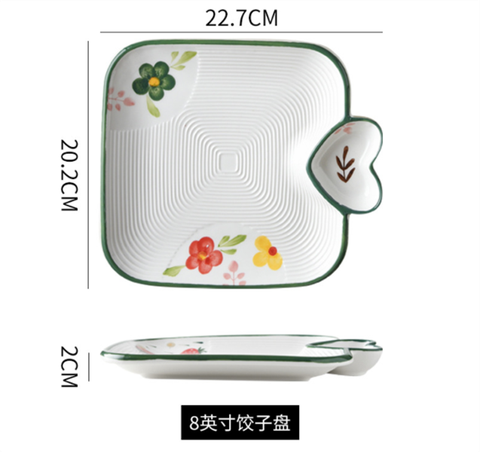 Đĩa vuông ô chấm trái tim viền hoa xanh 22*19.5*2cm