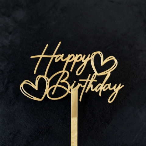 Topper mica HPBD nét mảnh 2 tim to vàng