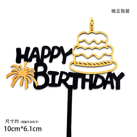 Set 10 topper mica HPBD bánh sinh nhật pháo hoa đen 2 lớp