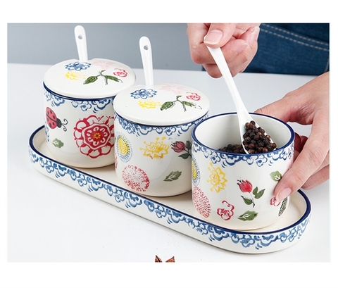 A78: Set hũ gia vị hoa cánh cam 3 hũ kèm thìa khay sứ