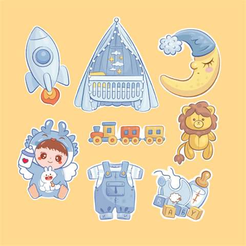 Set que giấy Bé Trai RỒNG ôm bình sữa phụ kiện XANH (combo2)