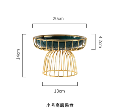 Khay tròn chân inox vàng+ đĩa sứ xanh viền vàng size 20*14cm