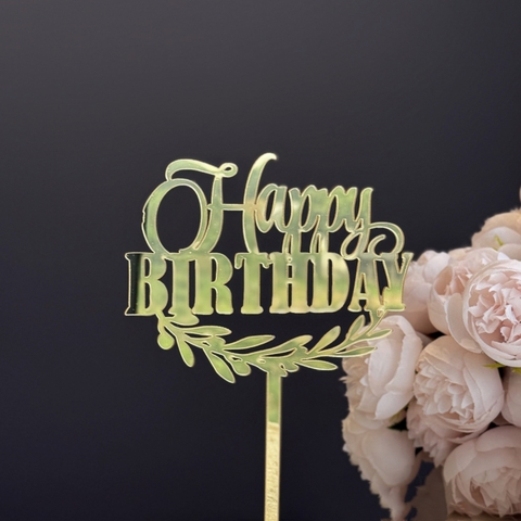 Topper mica HPBD chữ đậm viền lá vàng