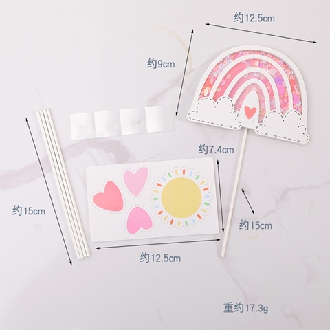 Set que cắm cầu vồng kim tuyến+tim+mặt trời HỒNG