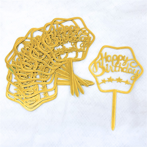 Topper mica Set 10 que HPBD viền sao 4 ngôi sao nhỏ vàng