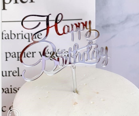 Topper mica HPBD chữ hoa nét nhỏ gạch dưới BẠC