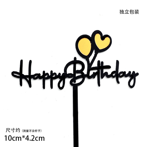 Set 10 topper mica HPBD chùm bóng tim đen 2 lớp