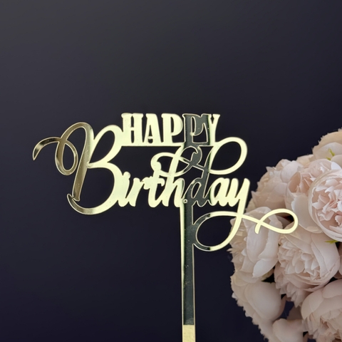 Topper mica HPBD chữ in chữ đậm uốn lượn vàng