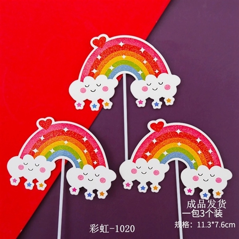 Set 3 Que cắm CẦU VỒNG + TIM nhũ ĐỎ, MÂY TRẮNG