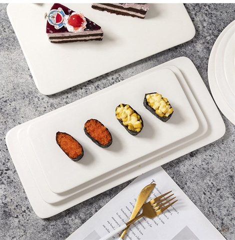 Khay sứ bày bánh tiệc màu trắng size trung 29*13cm