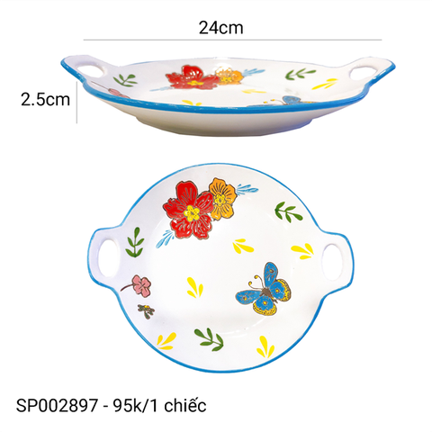 HOA BƯỚM-Đĩa tròn hình chảo 2 quai 24*2.5cm