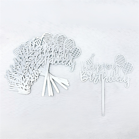 Topper mica Set 10 que HPBD bóng bay mũ sinh nhật BẠC (set 10c)