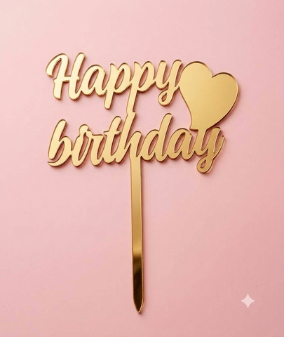 Topper mica HPBD chữ đậm tim vàng