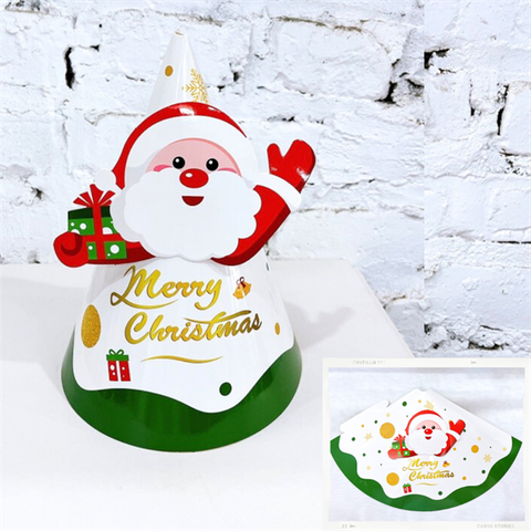 Set 10 mũ giấy nền TRẮNG cán bóng MC ÔNG GIÀ TUYẾT ôm hộp quà giơ tay