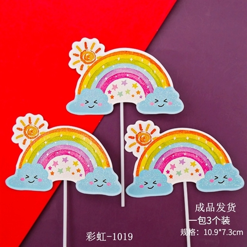 Set 3 Que cắm CẦU VỒNG + MẶT TRỜI MÂY nhũ XANH