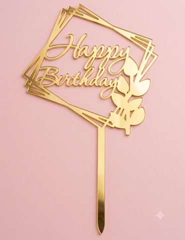 Topper mica HPBD vuông lá vàng