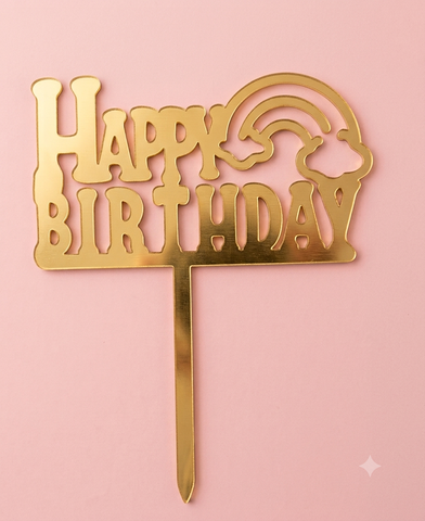 Topper mica HPBD cầu vồng vàng