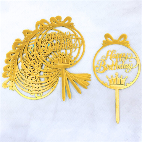 Topper mica Set 10 que HPBD 1 vòng tròn + vương miện nơ vàng