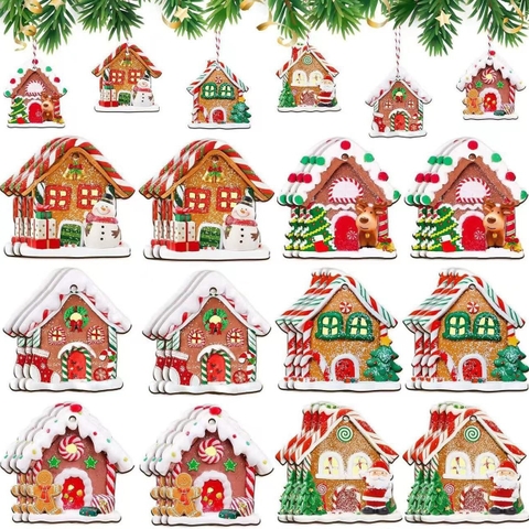 MC - Set decor noel gỗ hình ngôi nhà (4.8*5cm) 12 chi tiết kèm dây gai