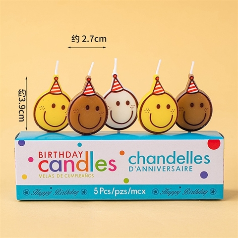 Set 5 nến mặt cười đội mũ VÀNG, TRẮNG, NÂU mới (vỉ)