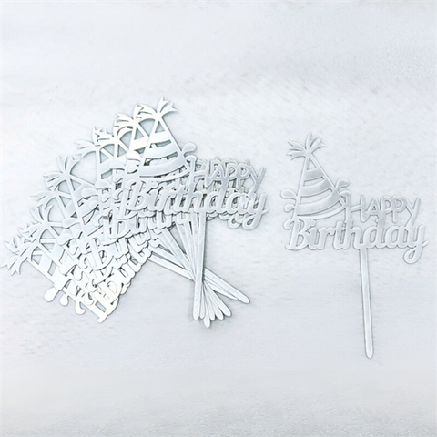 Topper mica Set 10 que HPBD MŨ SINH NHẬT BẠC (set 10c)