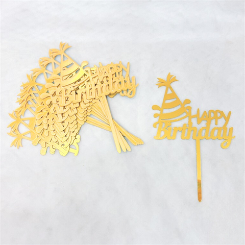 Topper mica Set 10 que HPBD MŨ SINH NHẬT VÀNG