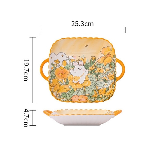 Đĩa hai quai vuông thỏ hoa vàng 25,3*19,7*4,7cm