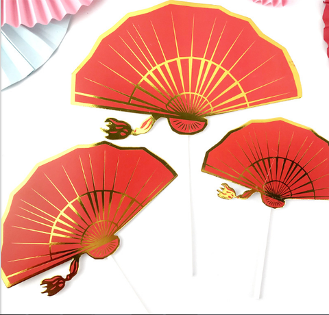 Set que giấy - TẾT ép nhũ 3 quạt xoè đỏ