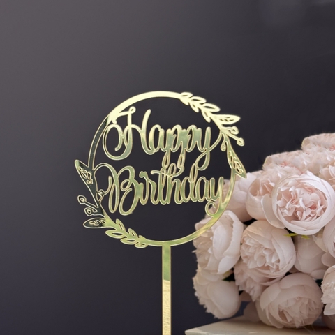 Topper mica HPBD tròn viền lá vàng