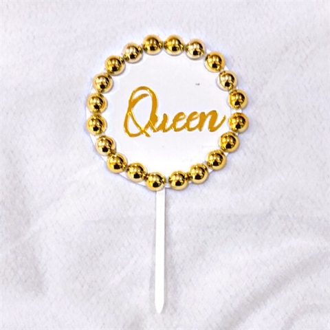 Topper mica biển hiệu tròn trắng QUEEN viền hạt vàng