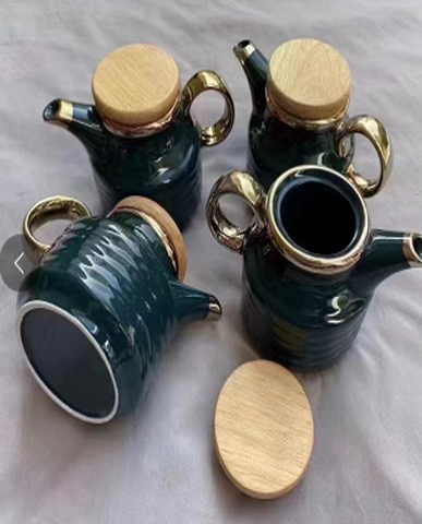 A128 ấm gia vị màu xanh cổ vịt nắp gỗ 10*14