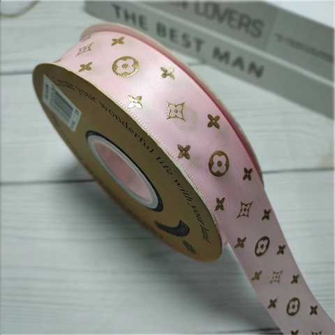 RB LV họa tiết ép nhũ VÀNG màu HỒNG TƯƠI khổ 2,5cm