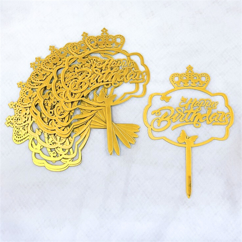 Topper mica Set 10 que HPBD vương miện vàng bướm vàng