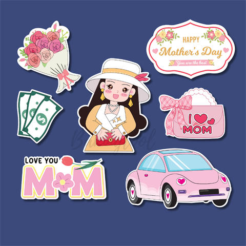 Set que giấy PN - LOVE YOU MOM xe cổ HỒNG phụ kiện (combo2)