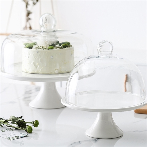 Cakestand nắp thuỷ tinh chân sứ TRẮNG size 23cm