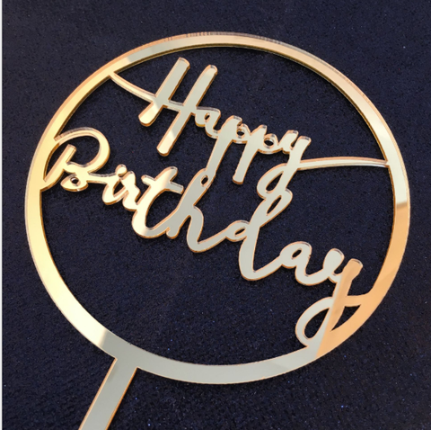 topper mica HPBD vàng 1 vòng tròn chữ hoa nét nhỏ