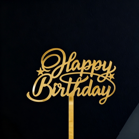 Topper mica HPBD chữ H uốn 2 sao nhỏ vàng