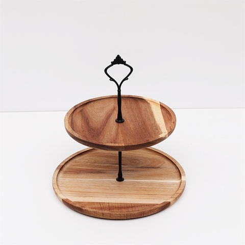 Cakestand gỗ tròn 2 tầng (19,5-24,5cm) - NÂU ĐẬM
