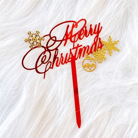 Topper mica MC chữ đỏ bông tuyết VÀNG