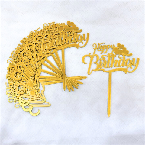 Topper mica Set 10 que HPBD gạch dưới 3 tim vàng