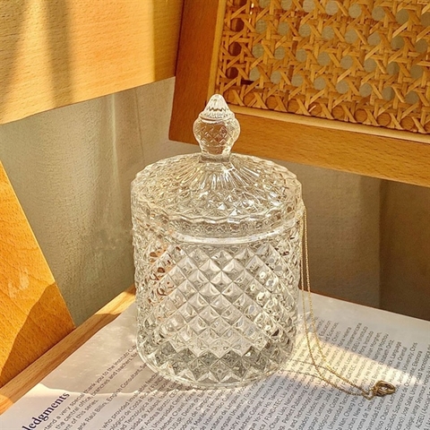 HŨ thủy tinh décor hình trụ có nắp 8.5*11cm