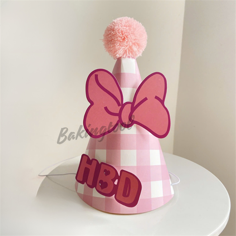 Mũ sinh nhật giấy-Chóp bông siêu to Nền kẻ hồng (10 mũ)