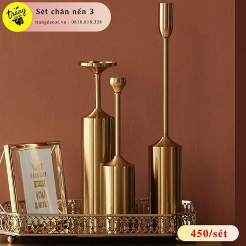 Sét 3 chân nến hợp kim mạ vàng cao 19cm - 28,5cm - 39cm