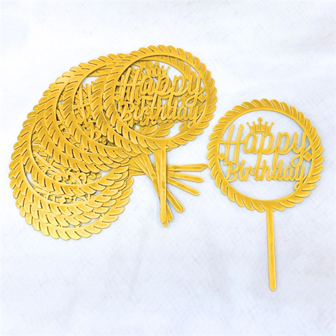 Topper mica Set 10 que HPBD tròn viền lá vàng